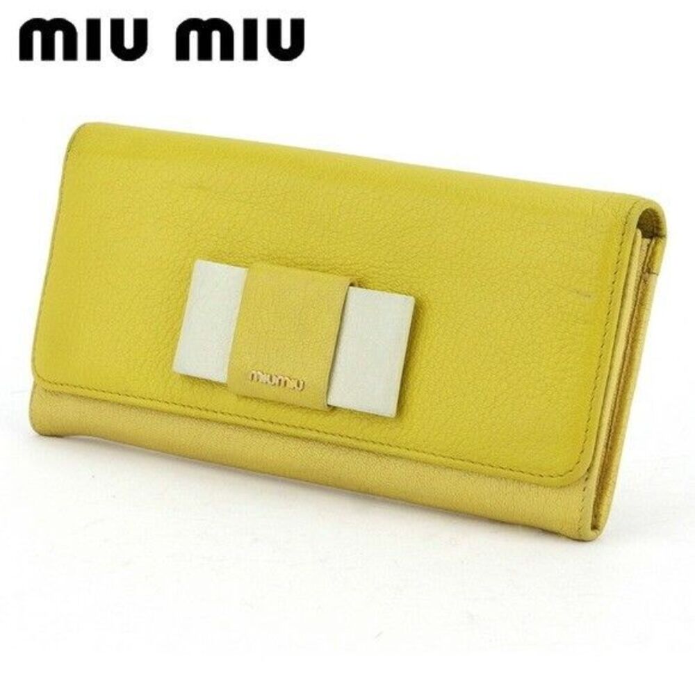 Miu Miu Ribbon Wallet Long Yellow Zipper Leather White Bow